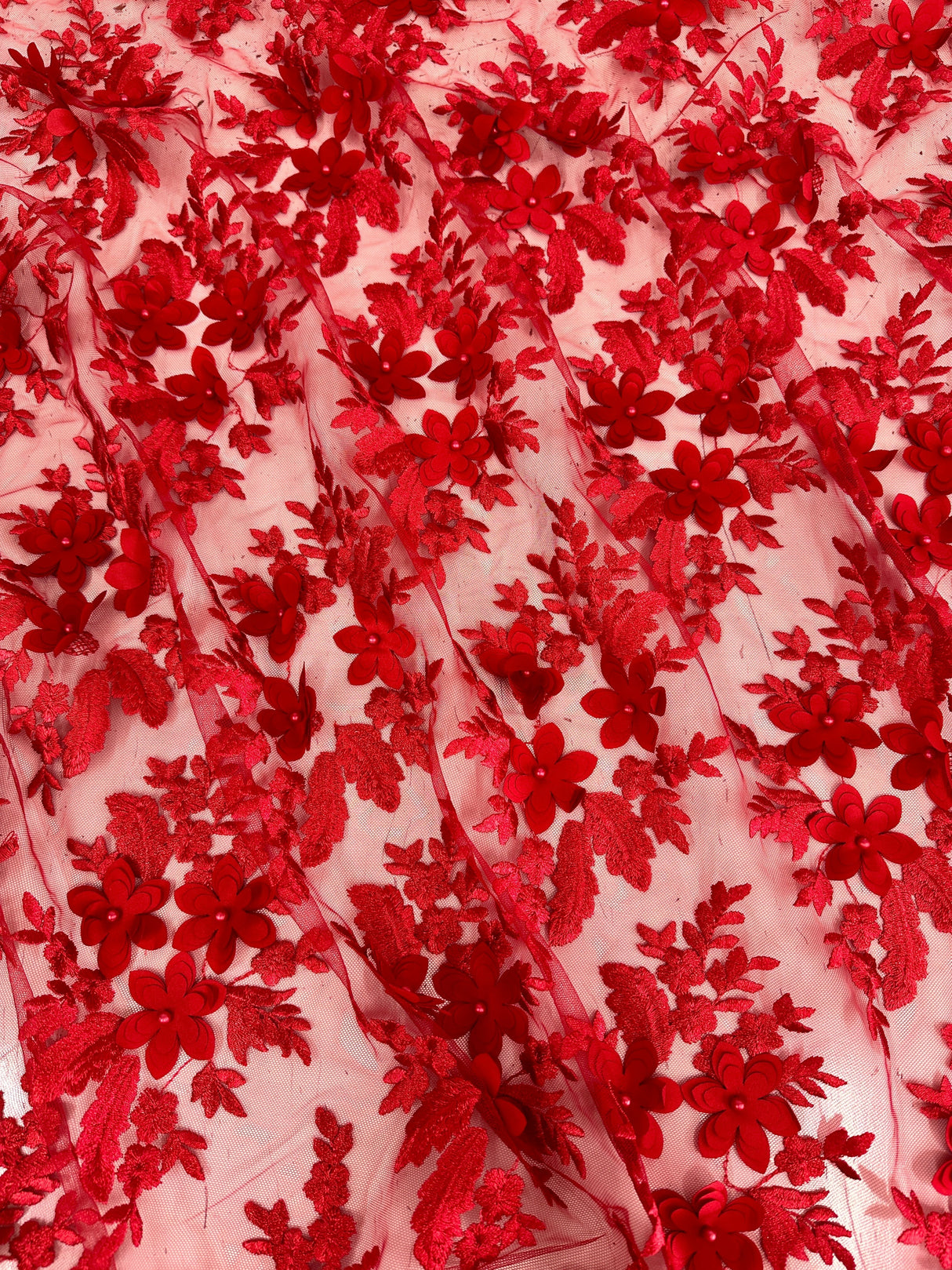 3D Floral Scalloped Mesh Lace Red