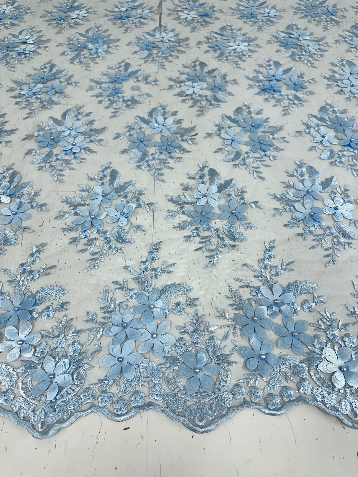 3D Flower Scalloped Mesh Lace Baby Blue