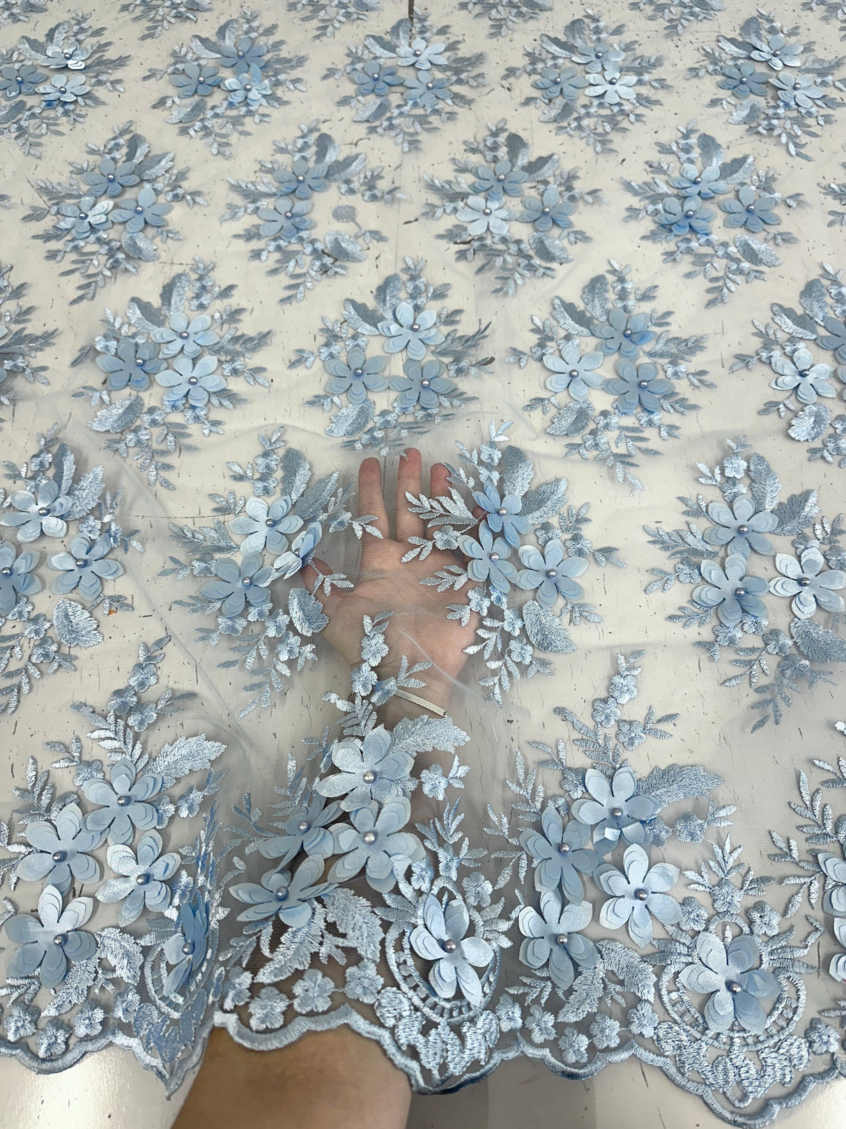 3D Flower Scalloped Mesh Lace Baby Blue