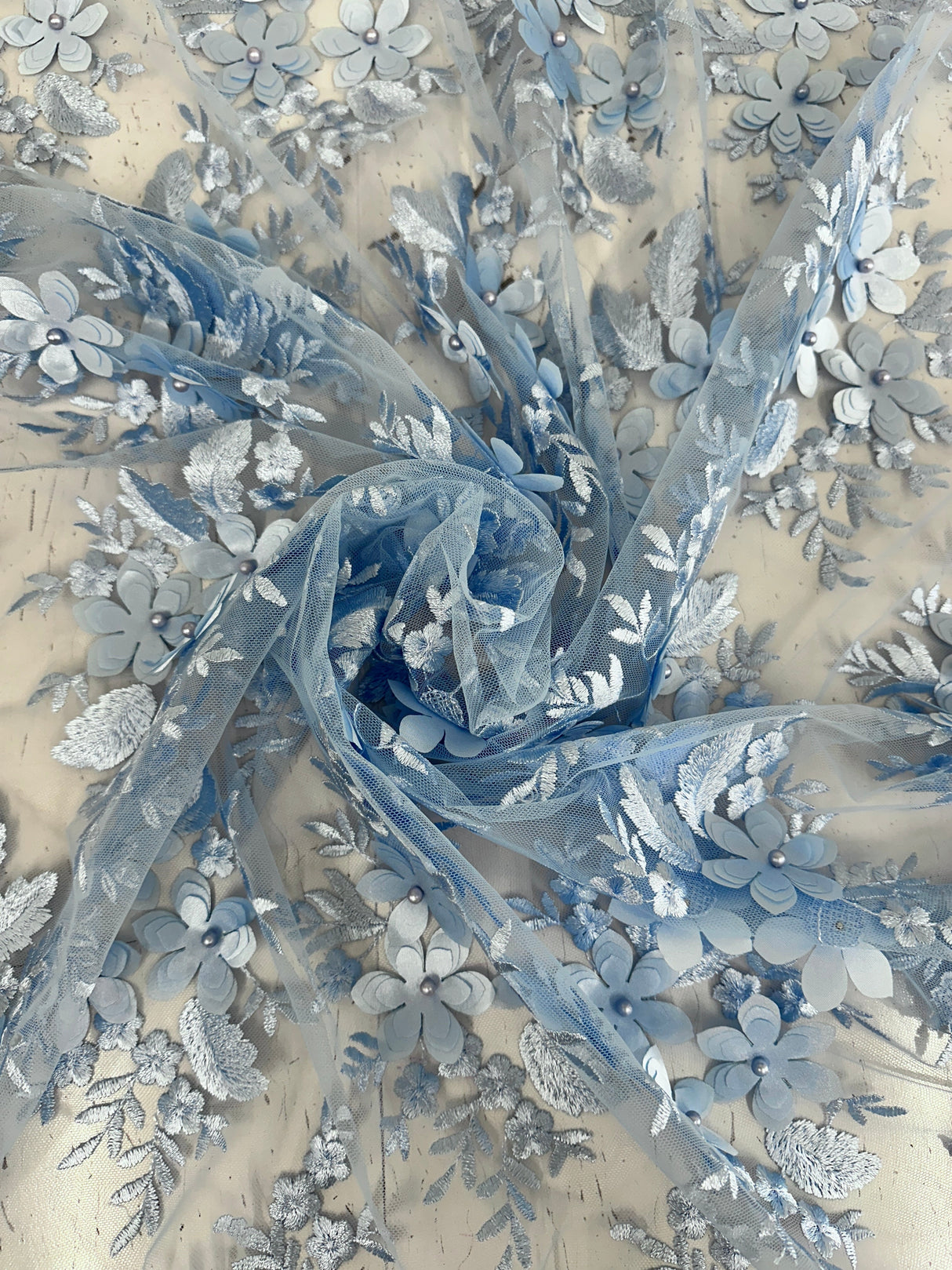 3D Flower Scalloped Mesh Lace Baby Blue
