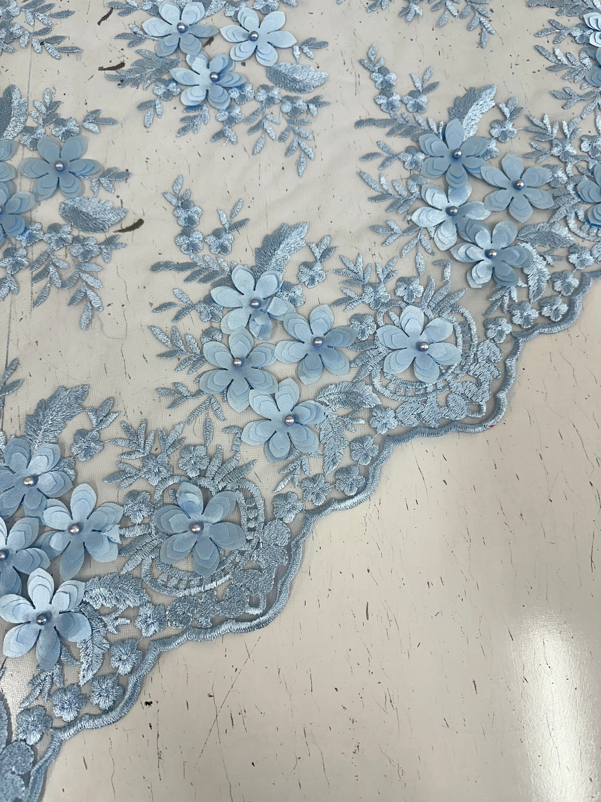3D Flower Scalloped Mesh Lace Baby Blue