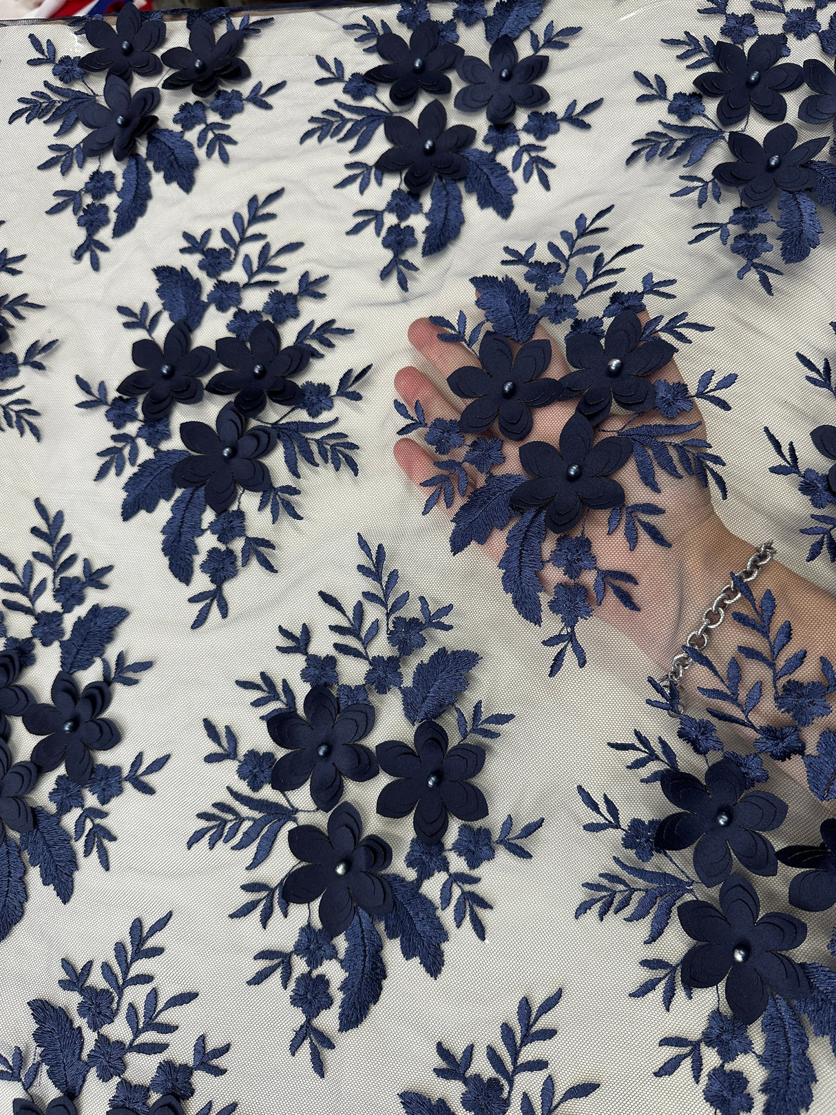 3D Flower Scalloped Mesh Lace Navy