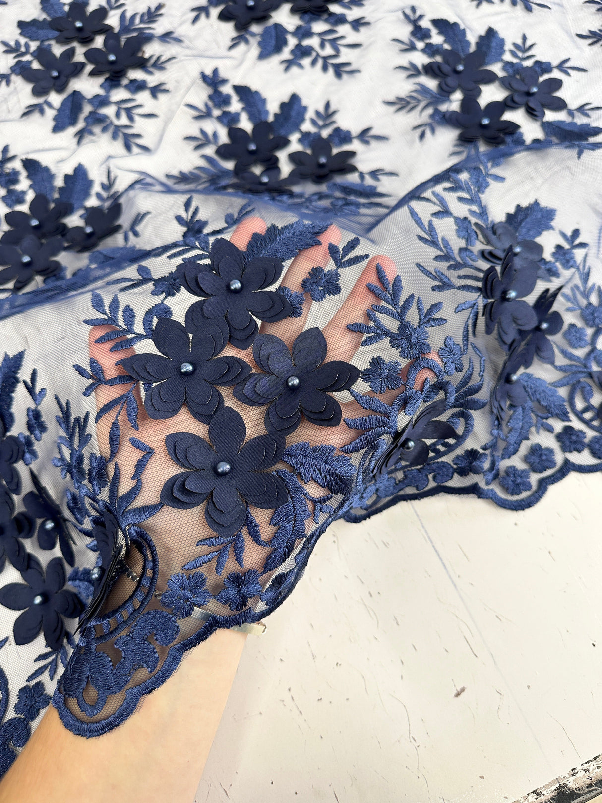3D Flower Scalloped Mesh Lace Navy