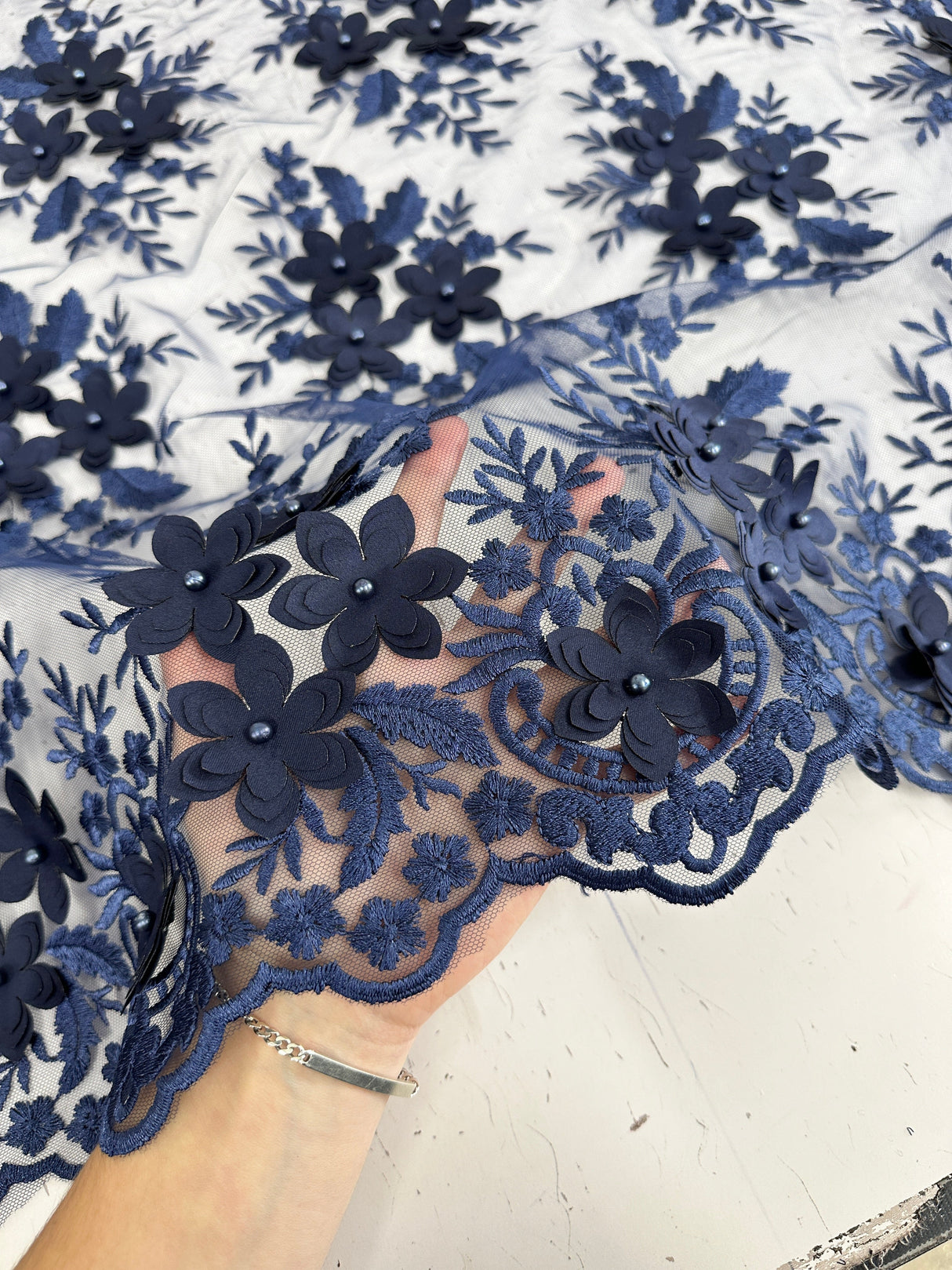3D Flower Scalloped Mesh Lace Navy