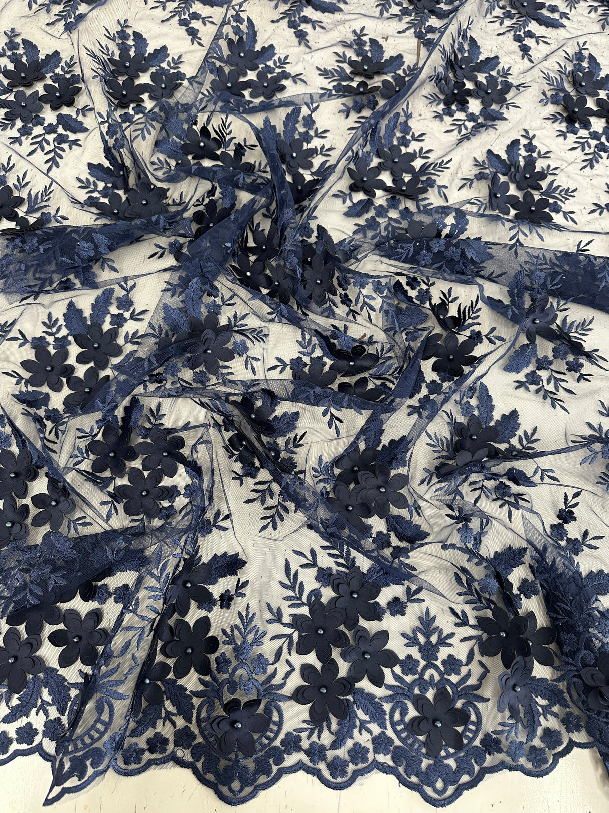 3D Flower Scalloped Mesh Lace Navy
