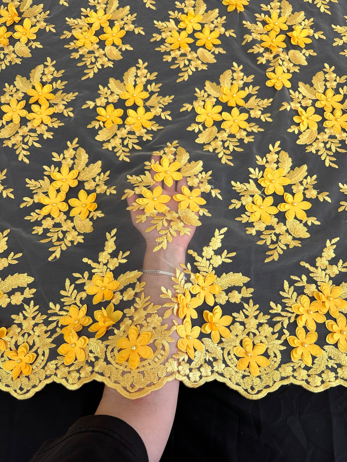 Yellow 3D Floral Scalloped Mesh Lace