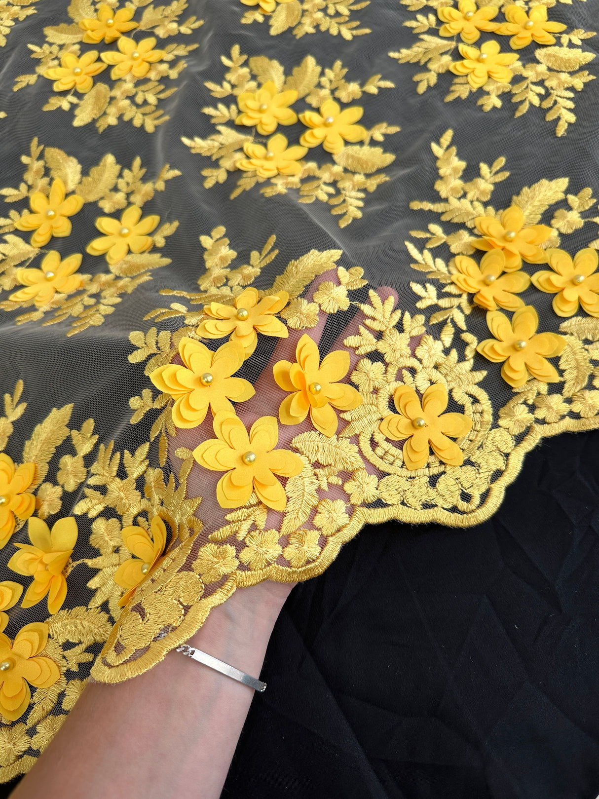 Yellow 3D Floral Scalloped Mesh Lace