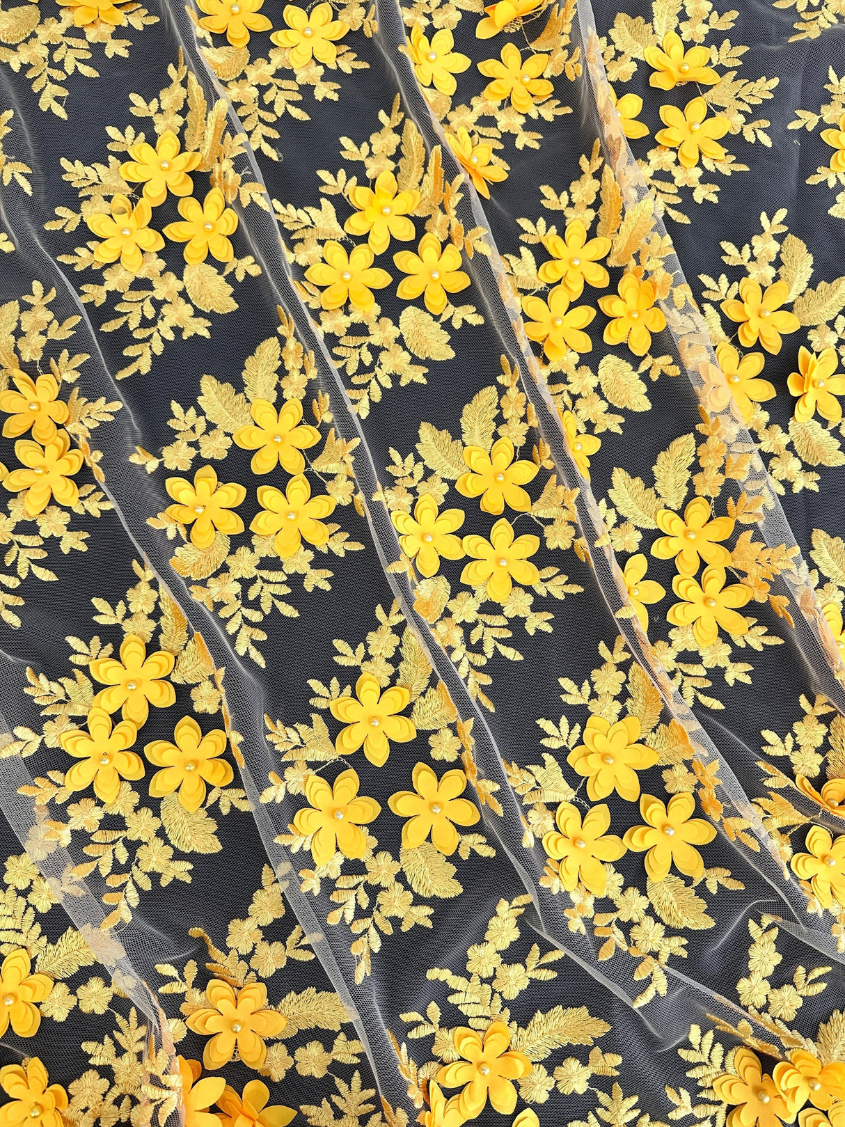 Yellow 3D Floral Scalloped Mesh Lace