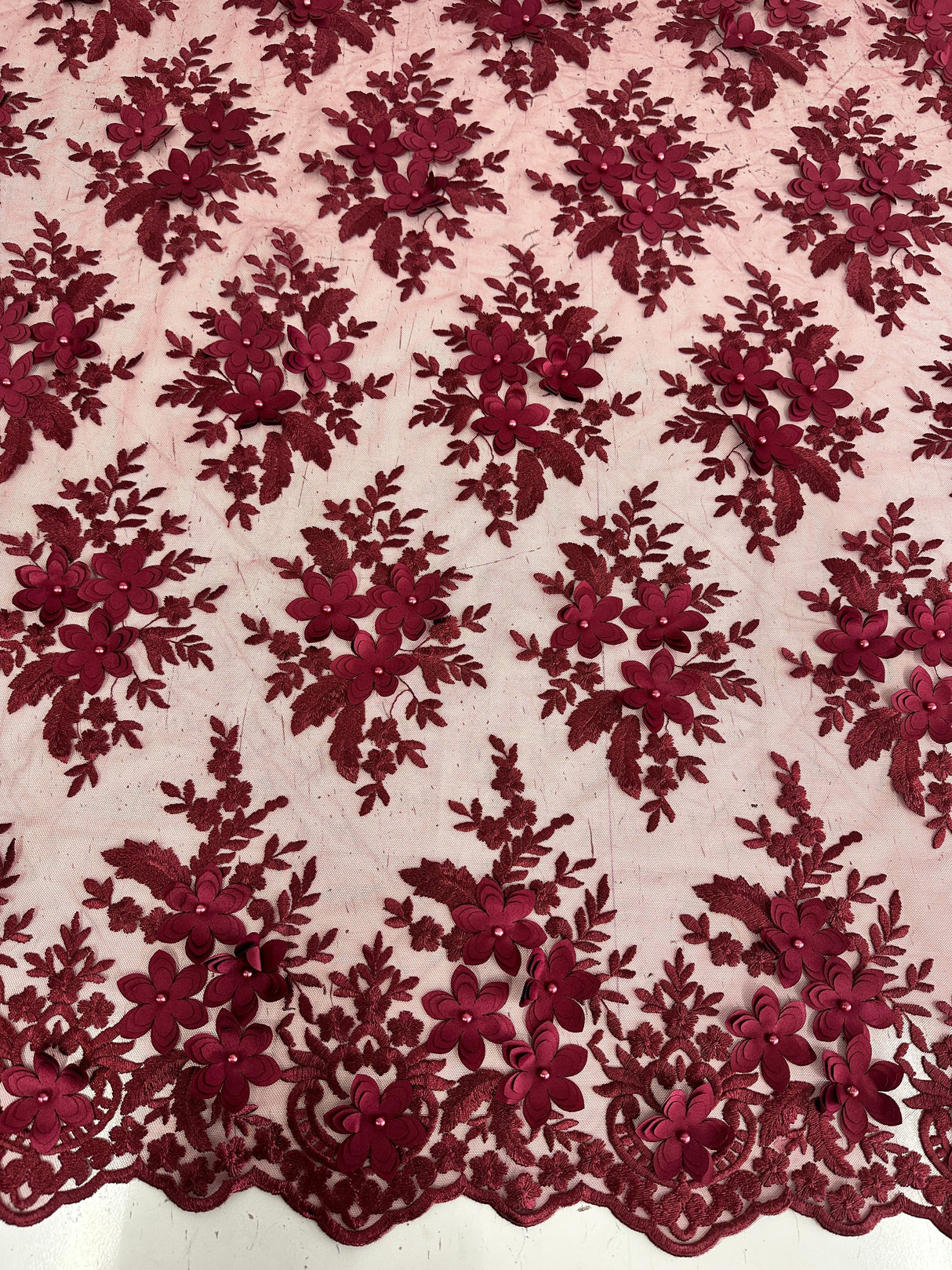 Burgundy 3D Flower Scalloped Mesh Lace