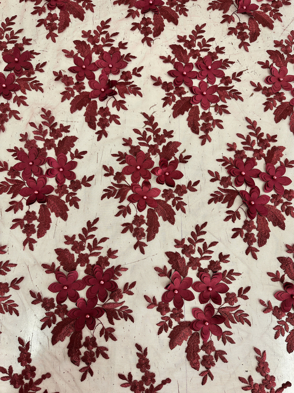 Burgundy 3D Flower Scalloped Mesh Lace
