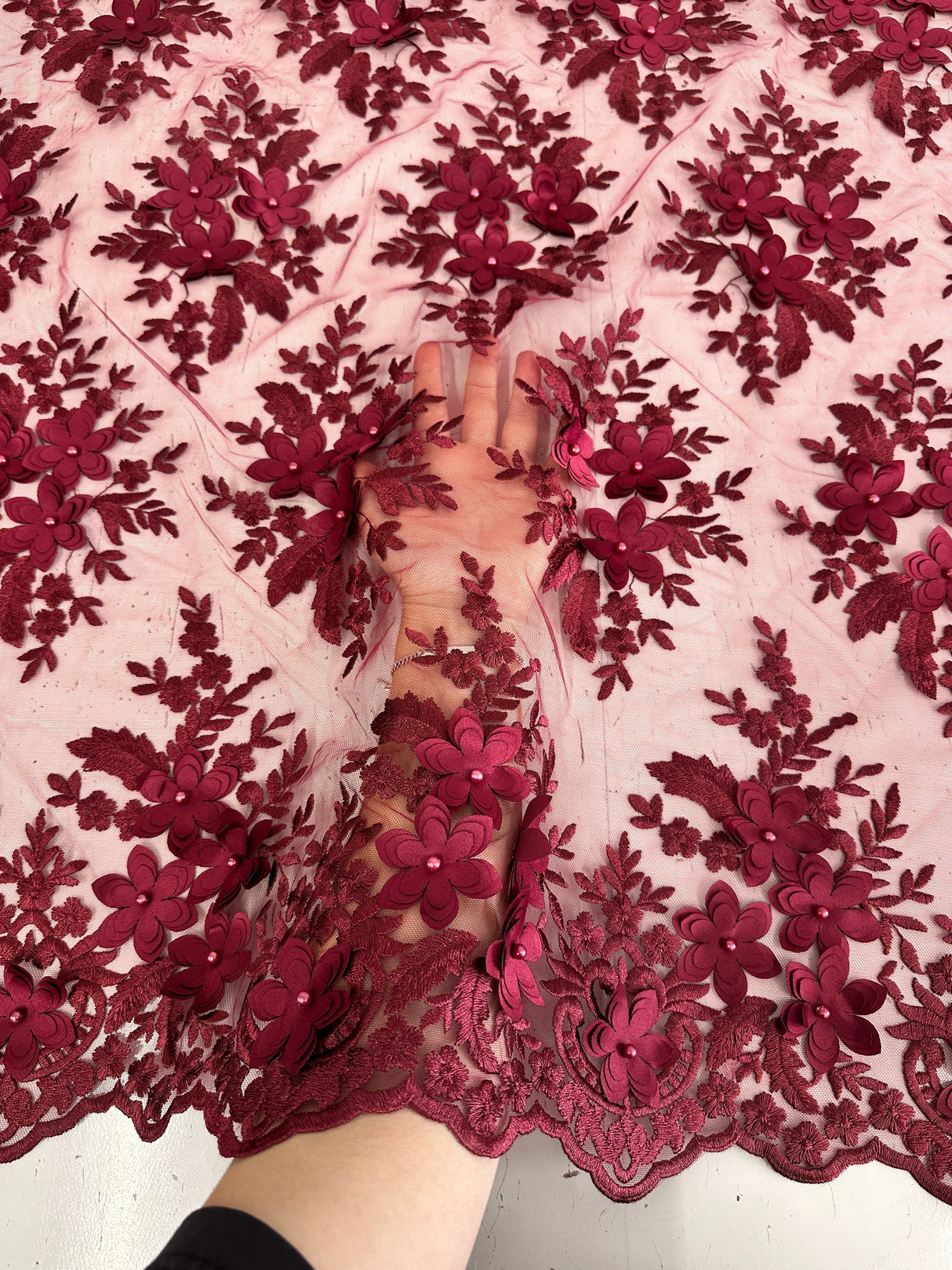 Burgundy 3D Flower Scalloped Mesh Lace