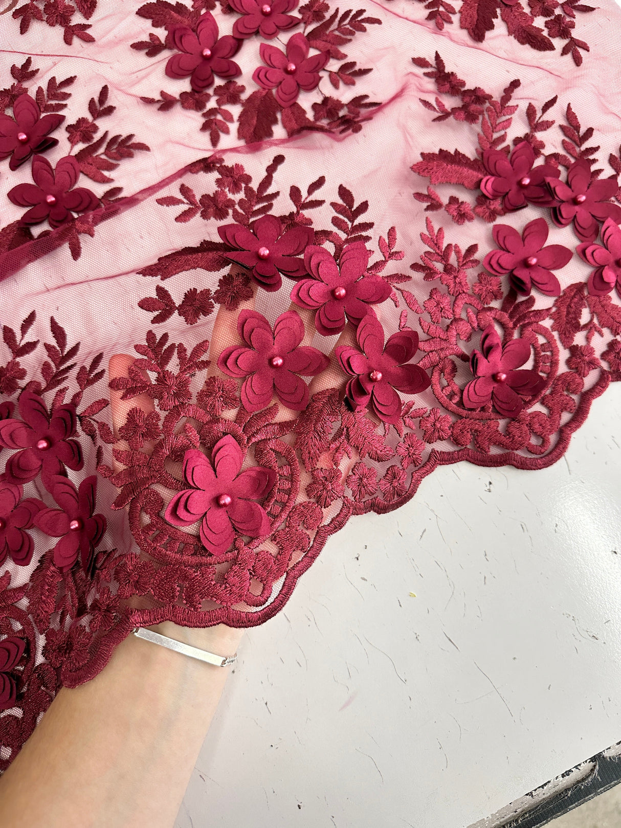 Burgundy 3D Flower Scalloped Mesh Lace