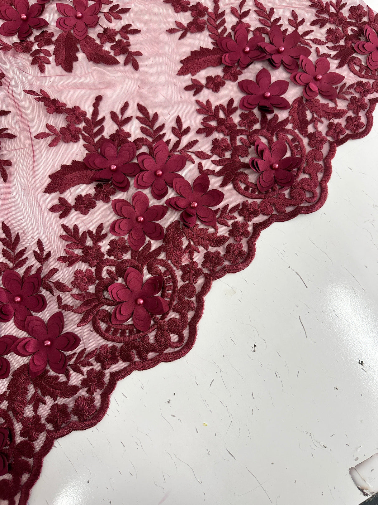 Burgundy 3D Flower Scalloped Mesh Lace