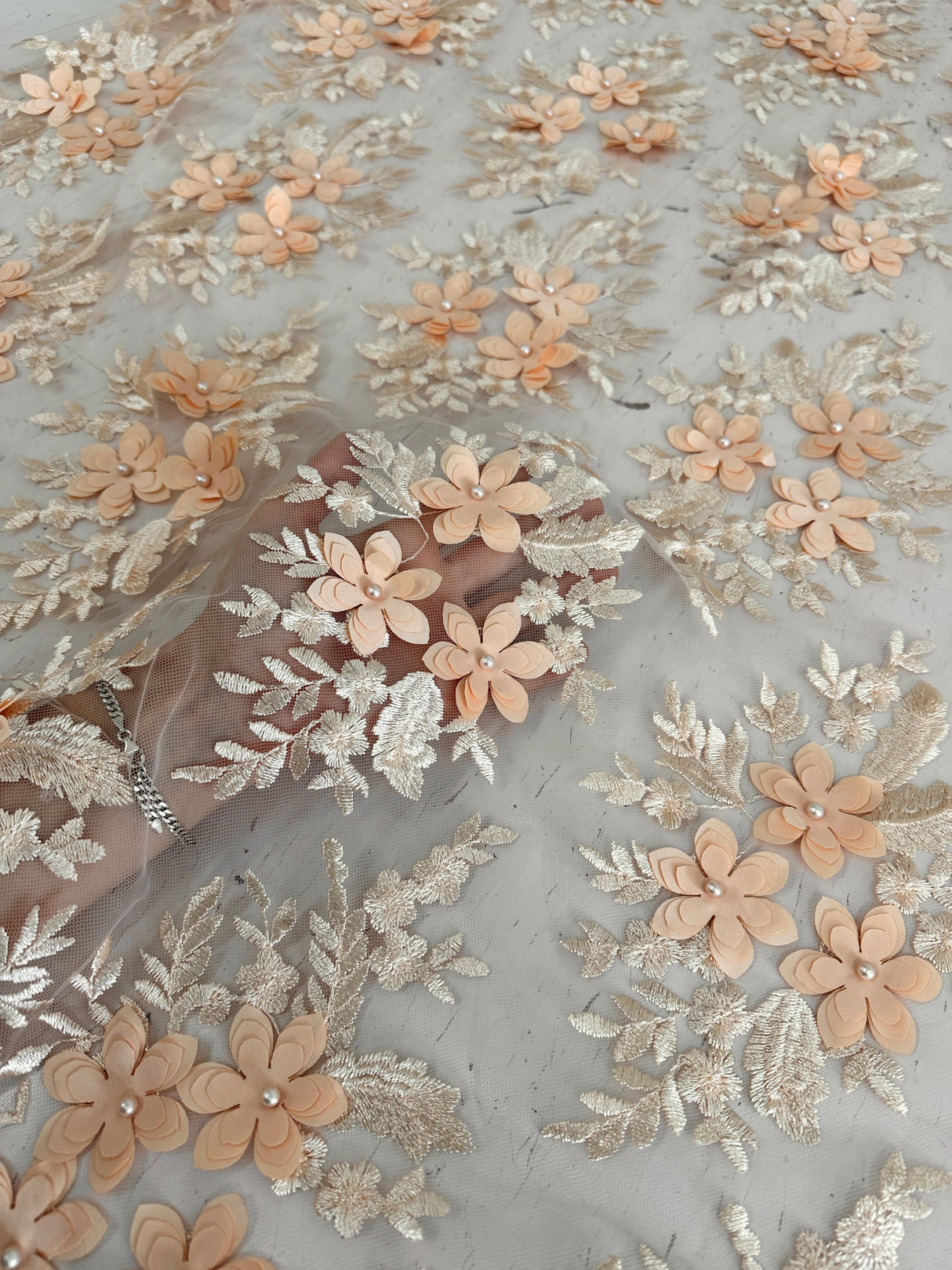 3D Flower Scalloped Mesh Lace Peach