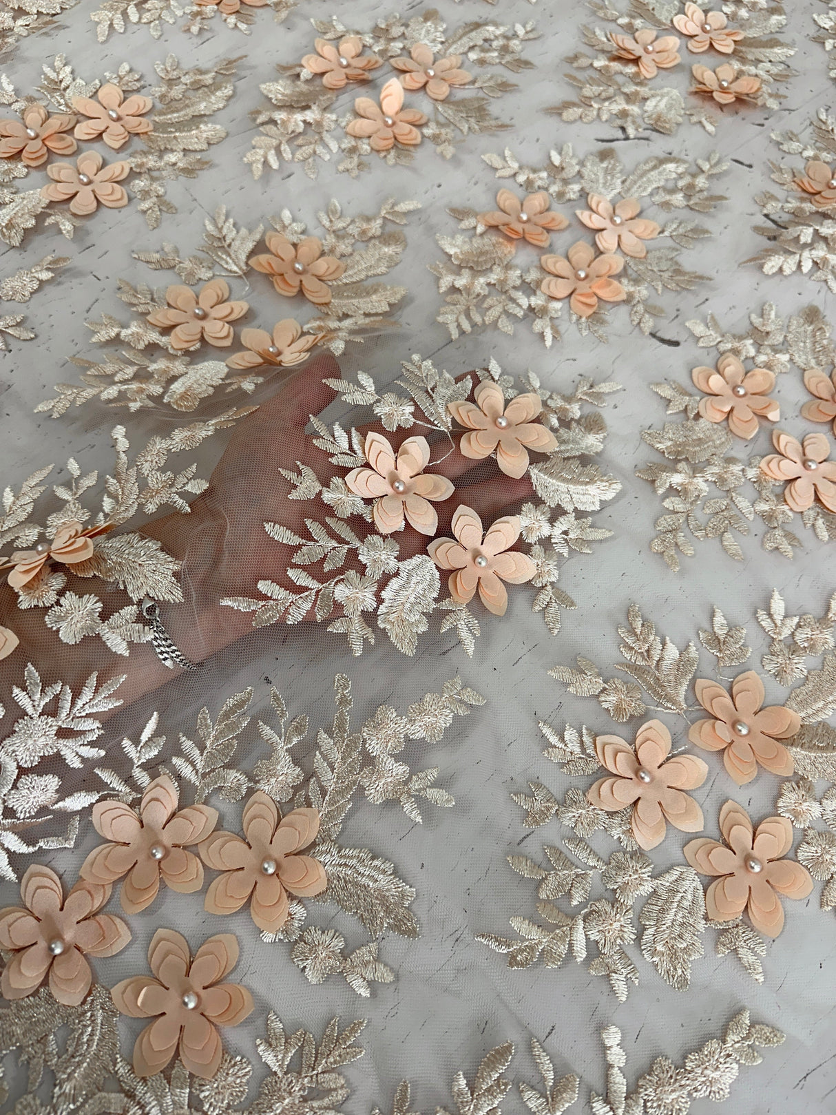 3D Flower Scalloped Mesh Lace Peach