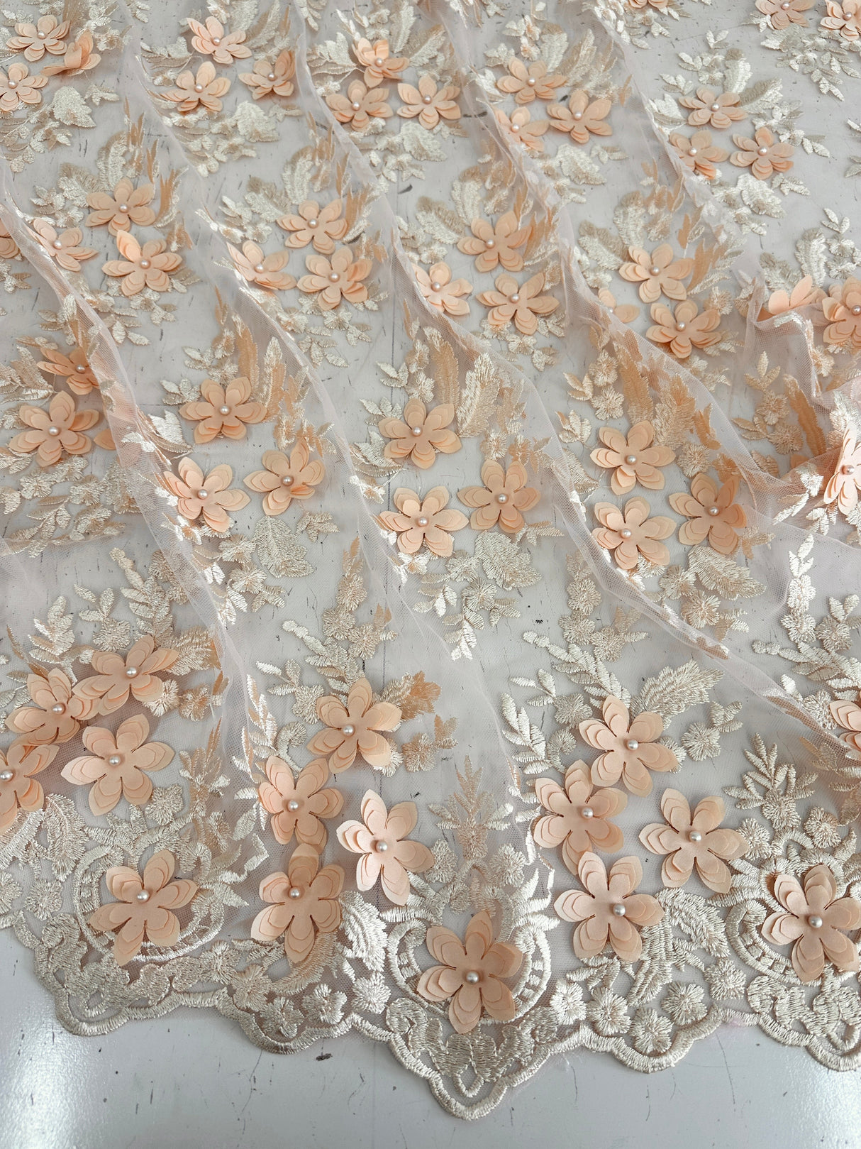 3D Flower Scalloped Mesh Lace Peach