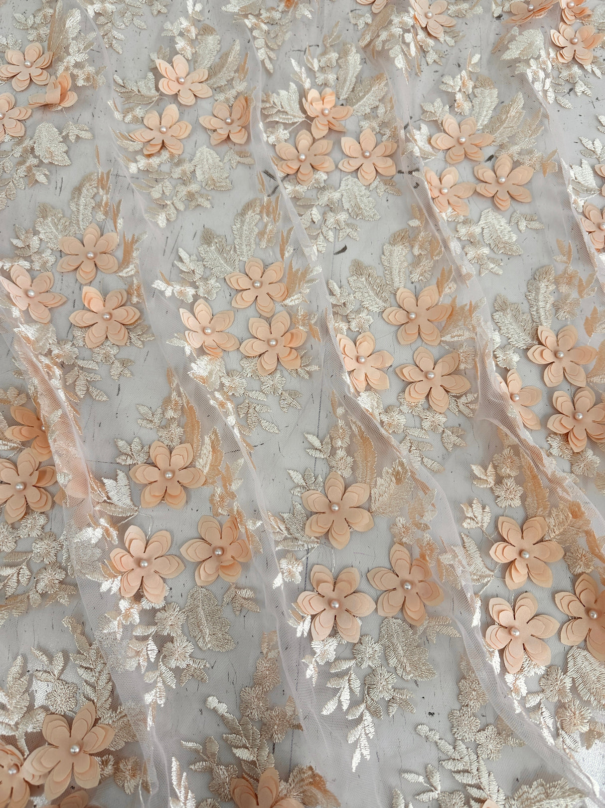 3D Flower Scalloped Mesh Lace Peach