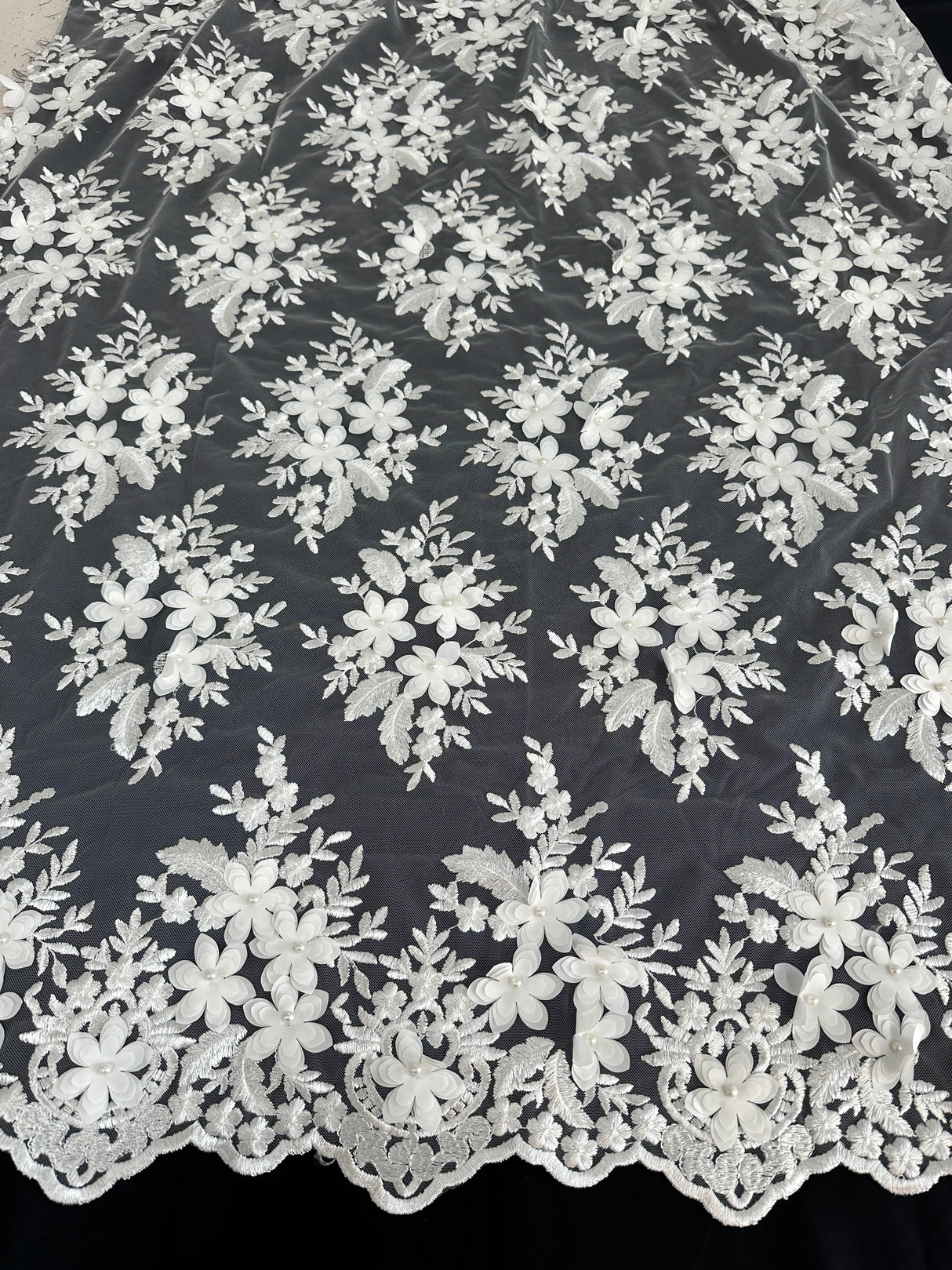 3D Flower Scalloped Mesh Lace White