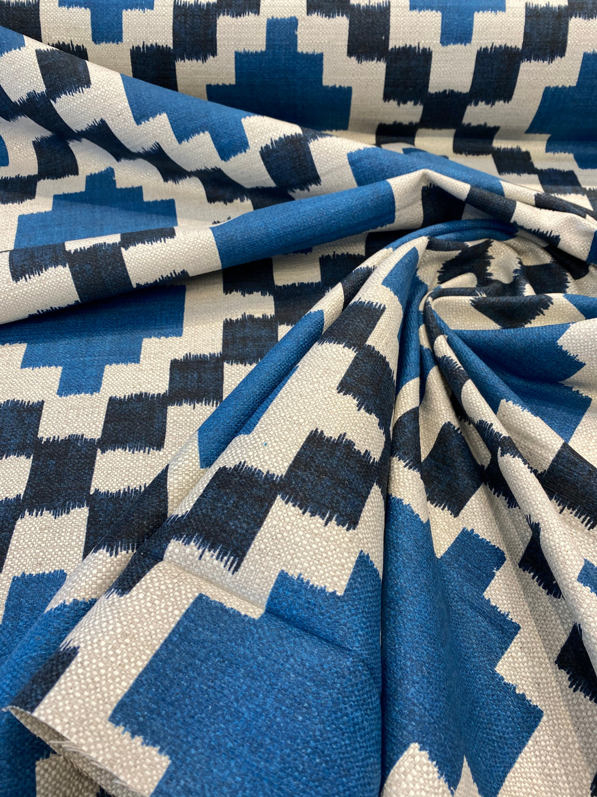 Paty Blue Bird Eye Linen Upholstery Fabric - Blue Bird Eye Diamond Pattern, 56" Width (1 Yard)