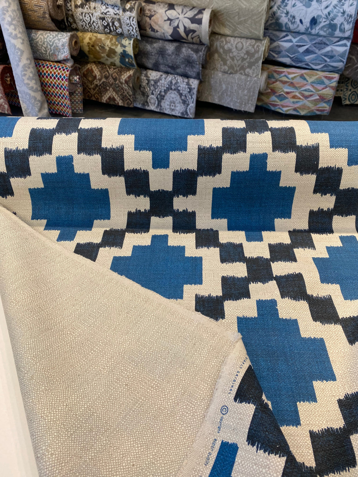 Paty Blue Bird Eye Linen Upholstery Fabric - Blue Bird Eye Diamond Pattern, 56" Width (1 Yard)