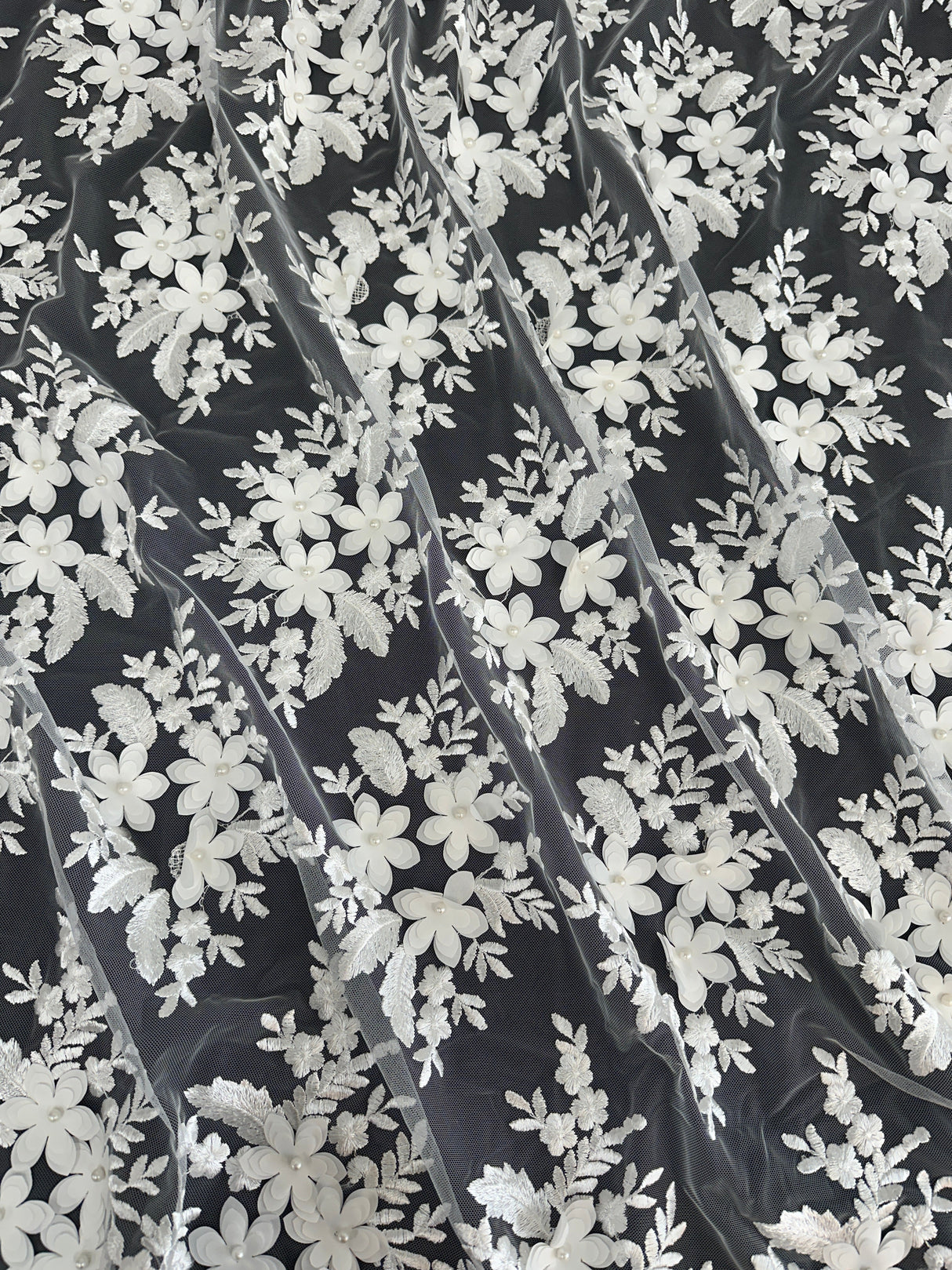 3D Flower Scalloped Mesh Lace White