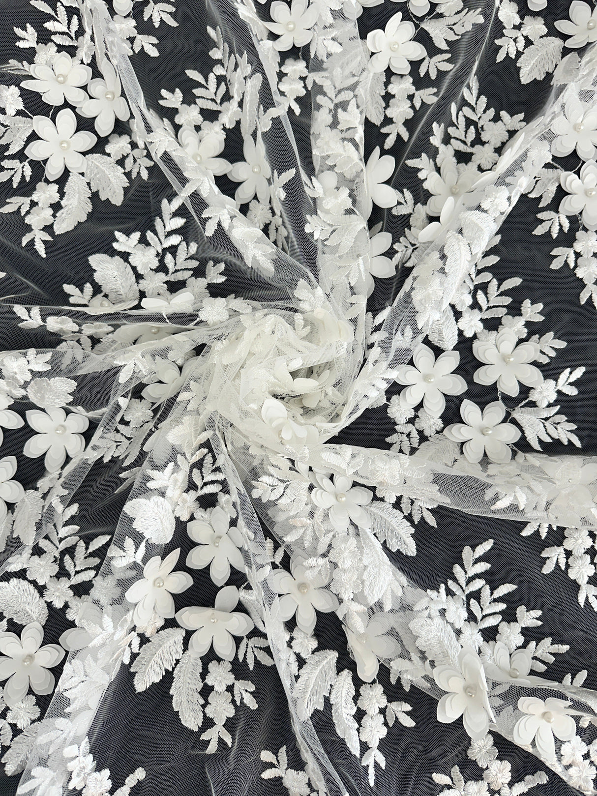 3D Flower Scalloped Mesh Lace White