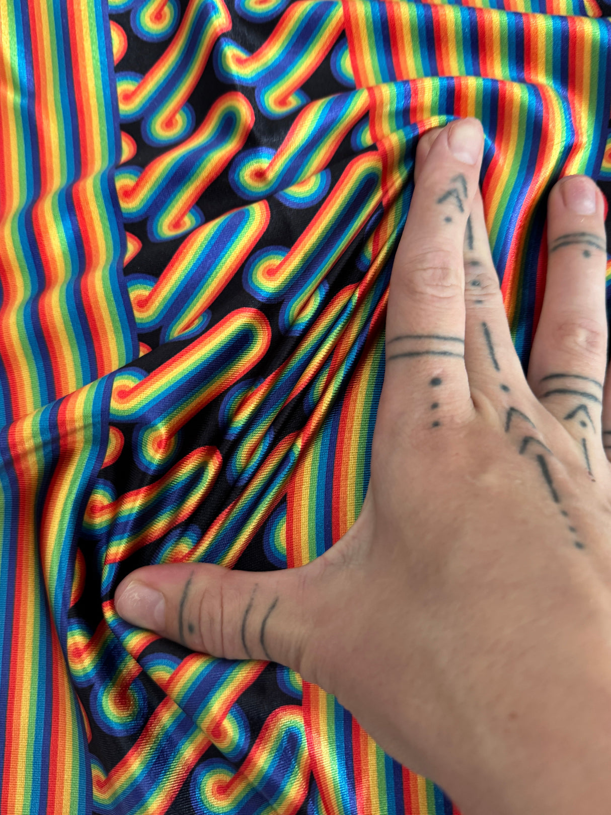 Printed Nylon Spandex Black Retro Rainbow Graphic