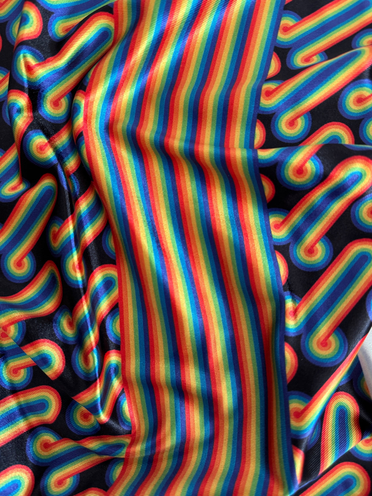 Printed Nylon Spandex Black Retro Rainbow Graphic