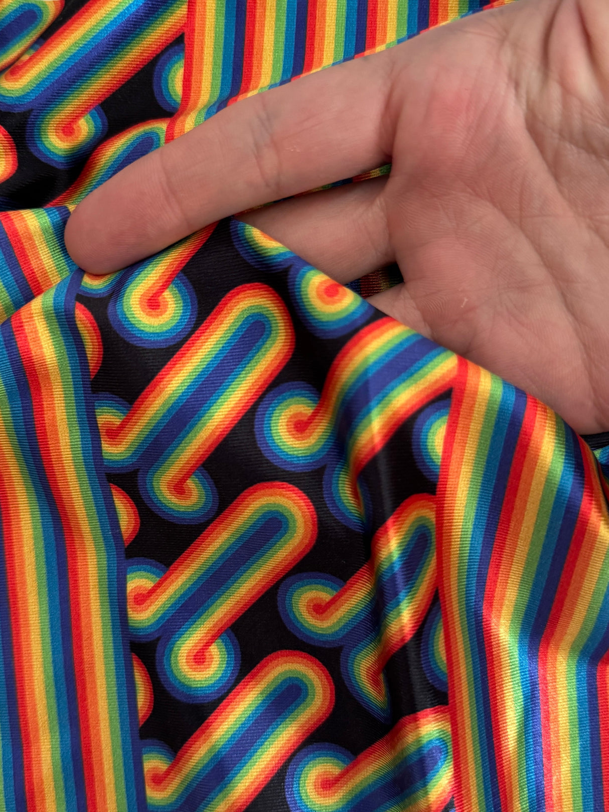 Printed Nylon Spandex Black Retro Rainbow Graphic