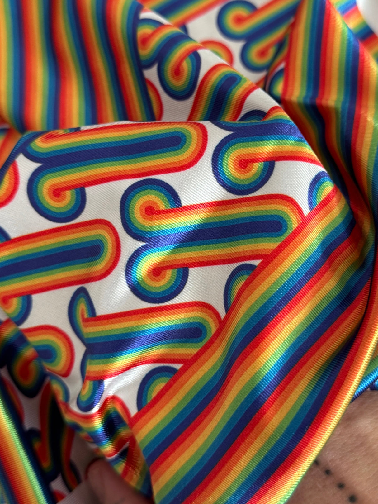 Printed Nylon Spandex White Retro Rainbow Graphic