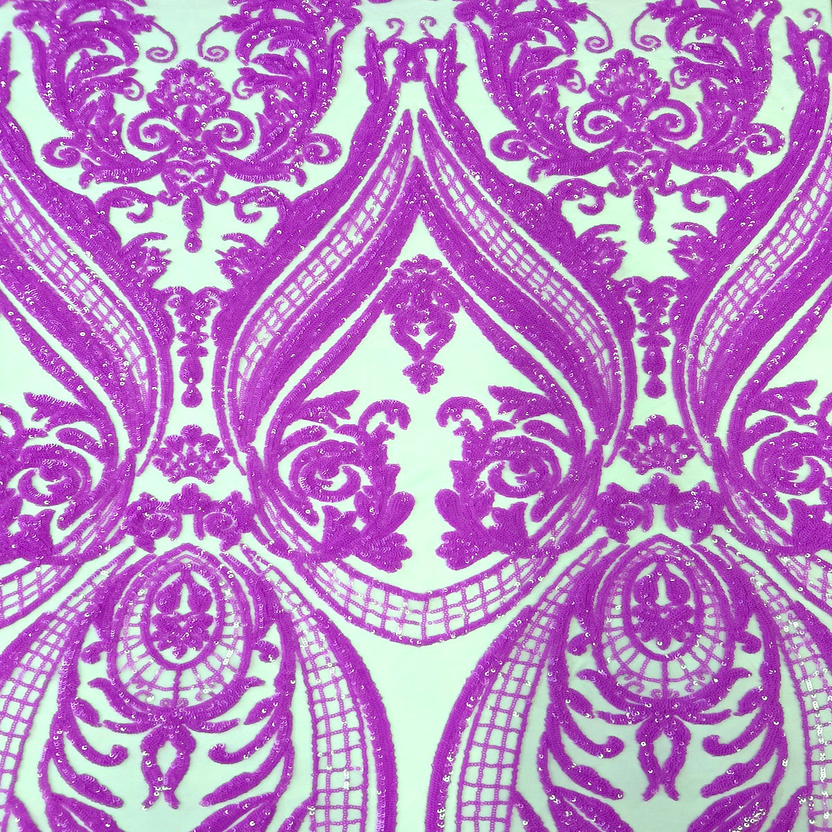 Catina Damask Stretch Sequins Nylon Spandex Mesh Fabric - Iridescent Sequin Damask, 60" Width, 52" Sequin Width (1 Yard)