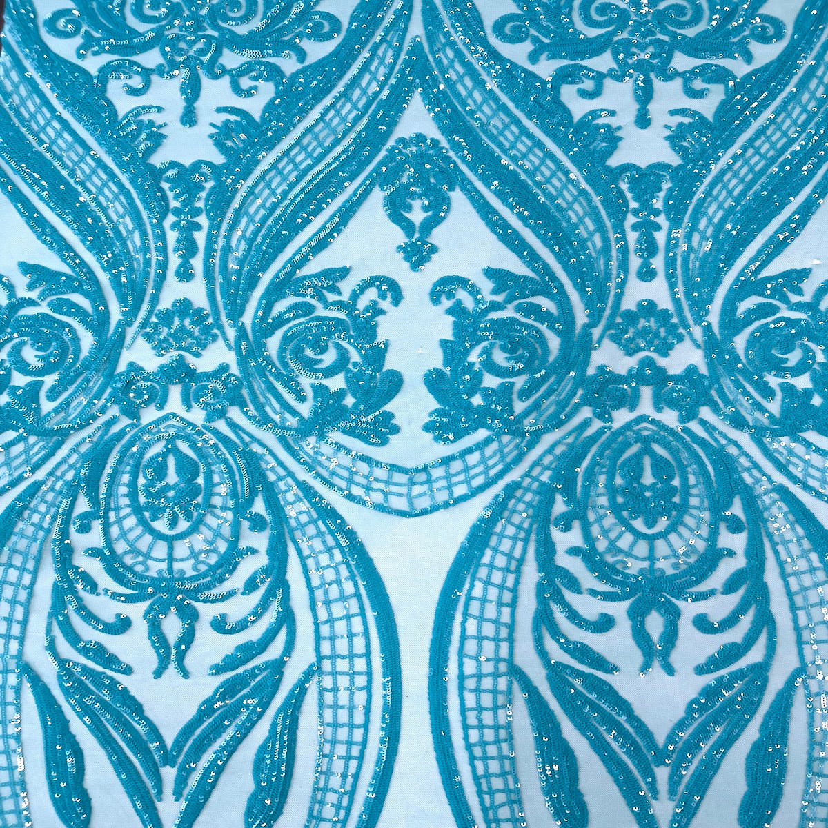 Catina Damask Stretch Sequins Nylon Spandex Mesh Fabric - Iridescent Sequin Damask, 60" Width, 52" Sequin Width (1 Yard)