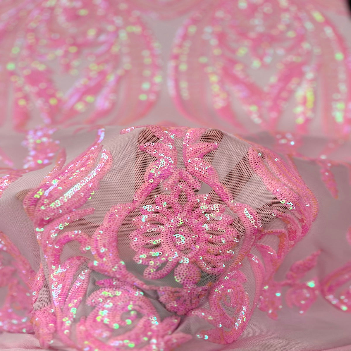 Catina Damask Stretch Sequins Nylon Spandex Mesh Fabric - Iridescent Sequin Damask, 60" Width, 52" Sequin Width (1 Yard)