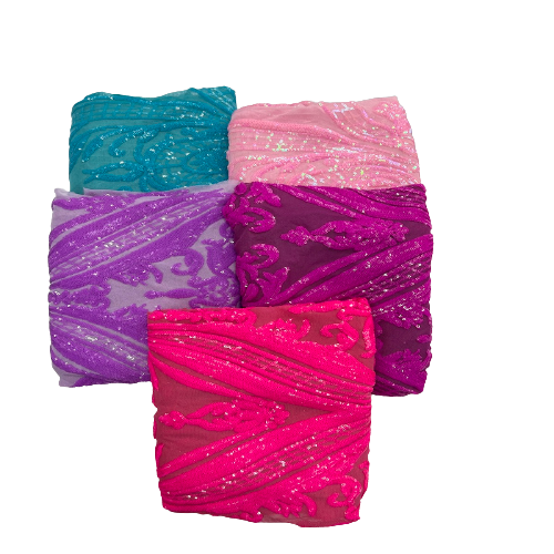 Catina Damask Stretch Sequins Nylon Spandex Mesh Fabric - Iridescent Sequin Damask, 60" Width, 52" Sequin Width (1 Yard)