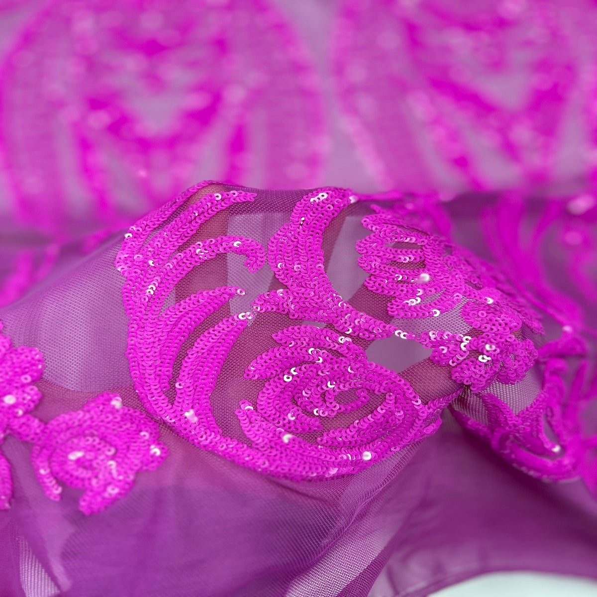 Catina Damask Stretch Sequins Nylon Spandex Mesh Fabric - Iridescent Sequin Damask, 60" Width, 52" Sequin Width (1 Yard)
