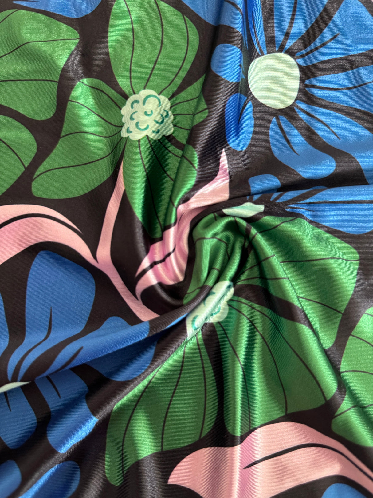 Printed Nylon Spandex Blue Retro Blossom Flowers