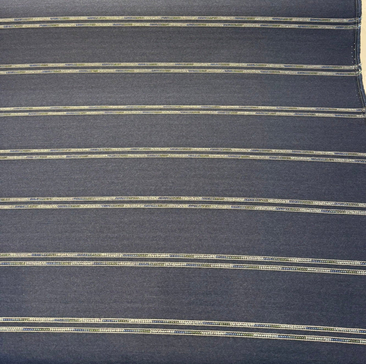 Wayward Indigo Blue Stripe Solution-Dyed Acrylic Fabric - Indigo Blue, Denim Blue, Sand, Ivory, 54" Width (1 Yard)
