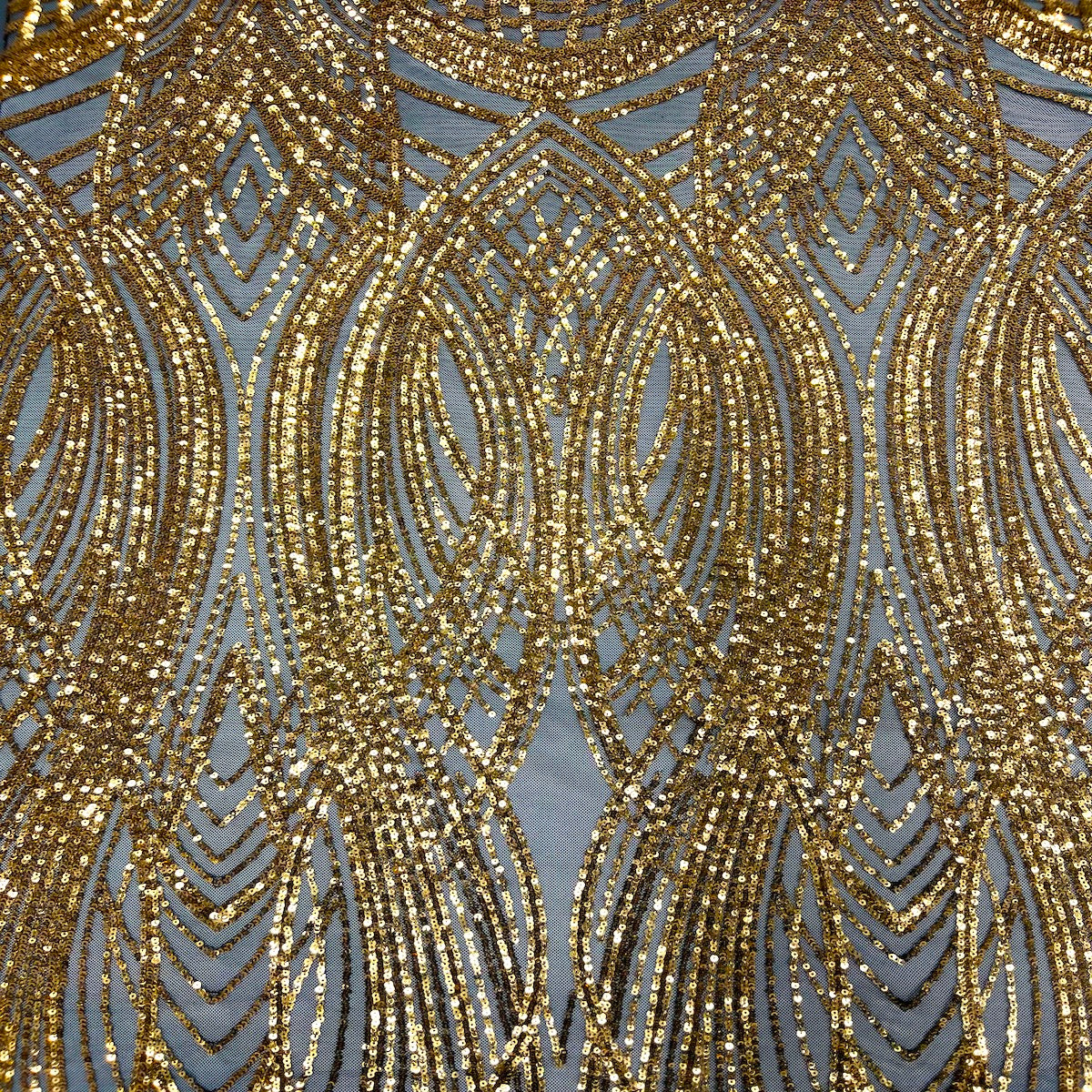 Selena Wave Stretch Sequins Fabric - Nylon Spandex Mesh Fabric, Wave Sequin Design, 60" Width, 52" Sequins Width (1 Yard)
