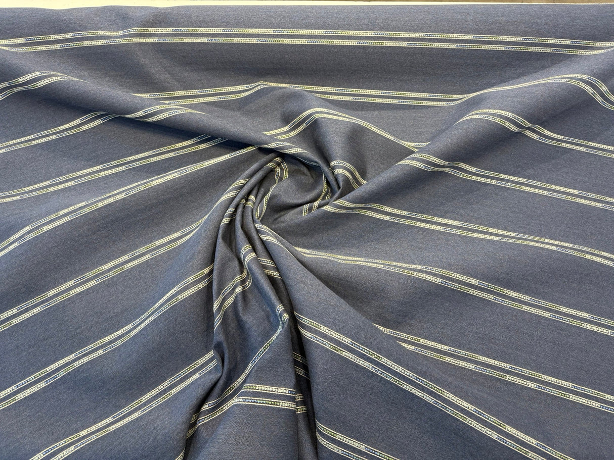 Wayward Indigo Blue Stripe Solution-Dyed Acrylic Fabric - Indigo Blue, Denim Blue, Sand, Ivory, 54" Width (1 Yard)