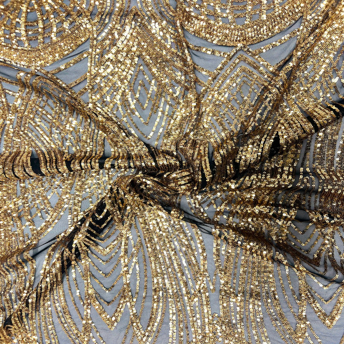 Selena Wave Stretch Sequins Fabric - Nylon Spandex Mesh Fabric, Wave Sequin Design, 60" Width, 52" Sequins Width (1 Yard)
