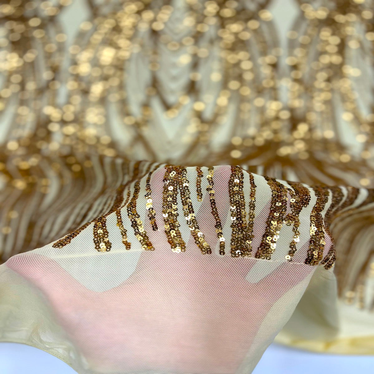 Selena Wave Stretch Sequins Fabric - Nylon Spandex Mesh Fabric, Wave Sequin Design, 60" Width, 52" Sequins Width (1 Yard)