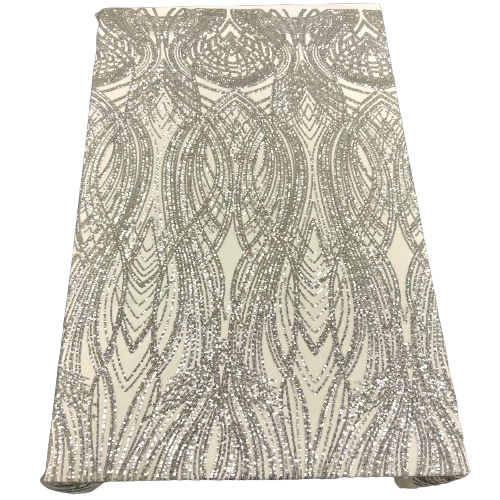 Selena Wave Stretch Sequins Fabric - Nylon Spandex Mesh Fabric, Wave Sequin Design, 60" Width, 52" Sequins Width (1 Yard)