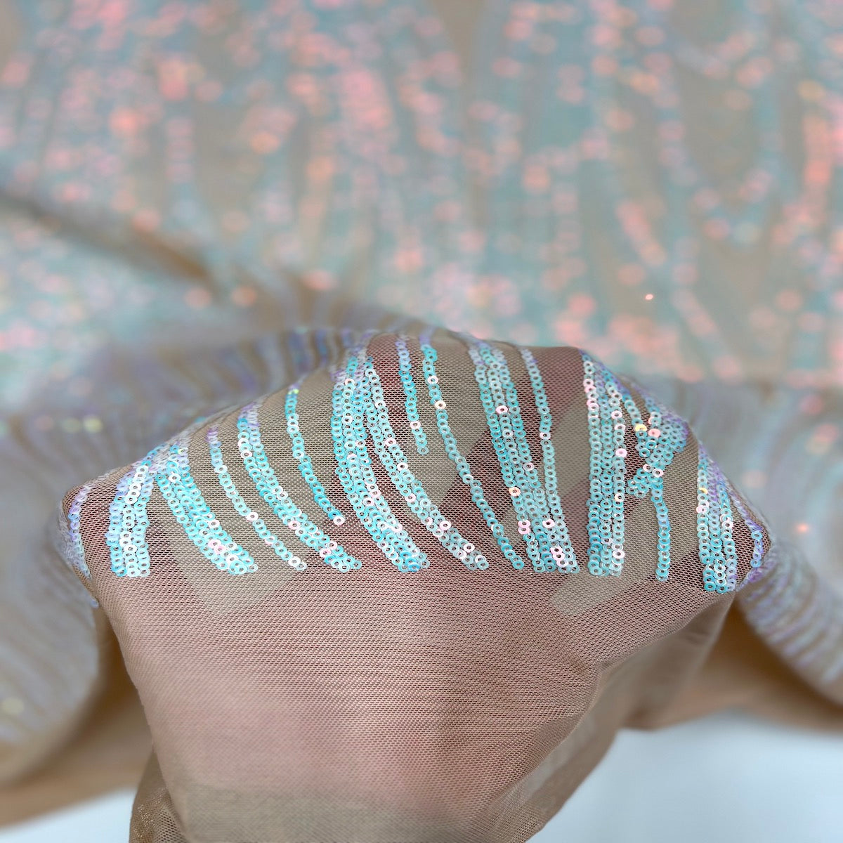 Selena Wave Stretch Sequins Fabric - Nylon Spandex Mesh Fabric, Wave Sequin Design, 60" Width, 52" Sequins Width (1 Yard)