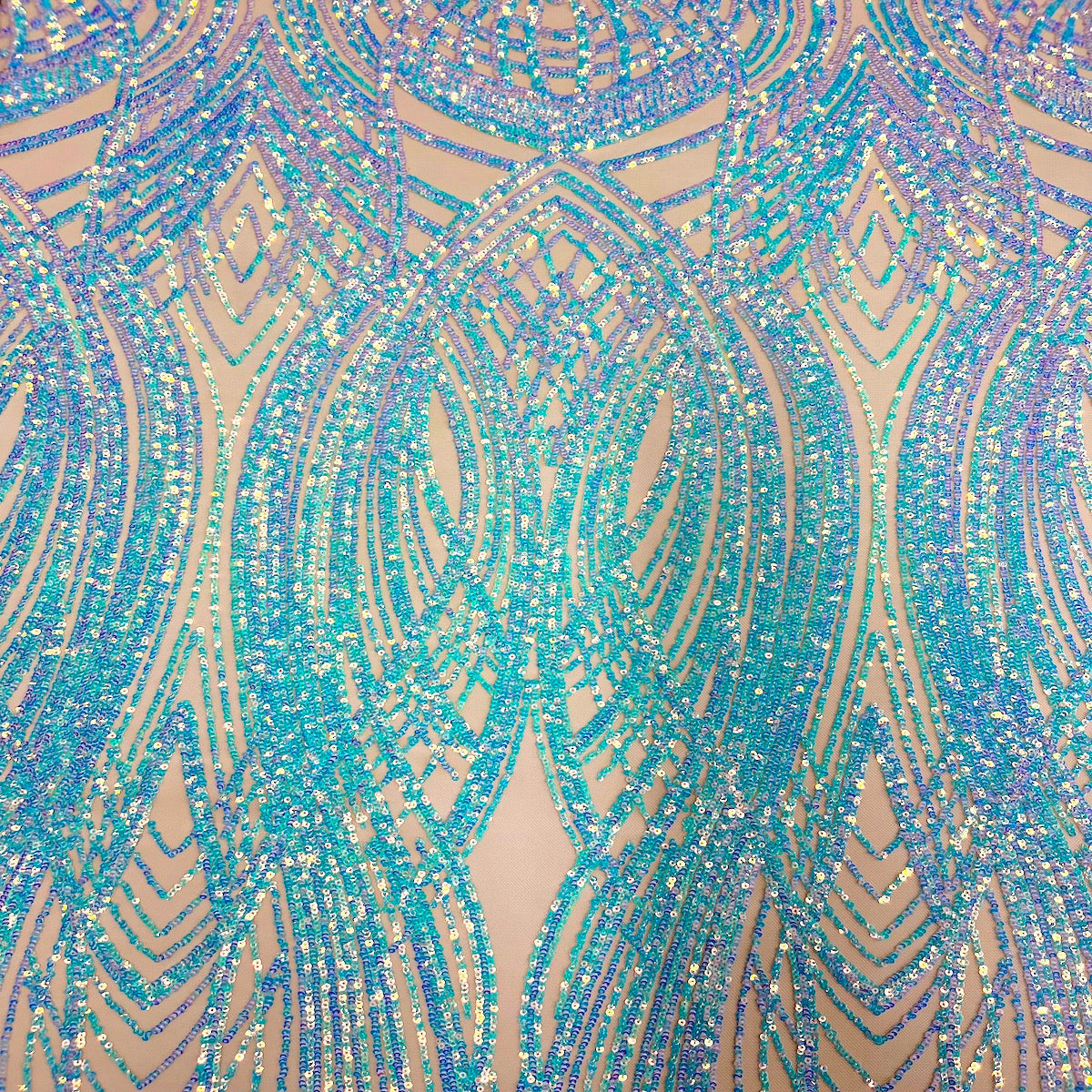 Selena Wave Stretch Sequins Fabric - Nylon Spandex Mesh Fabric, Wave Sequin Design, 60" Width, 52" Sequins Width (1 Yard)