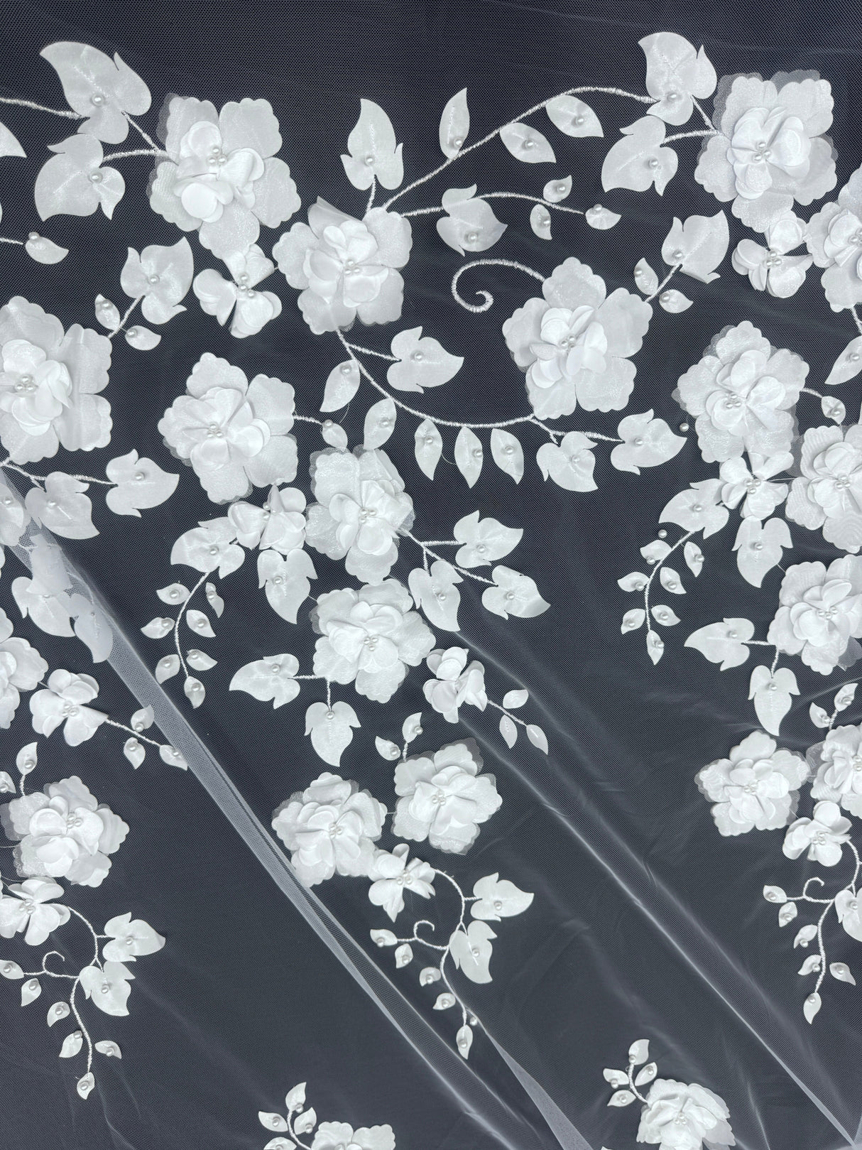 White 3D Flower Beaded Lace Mesh