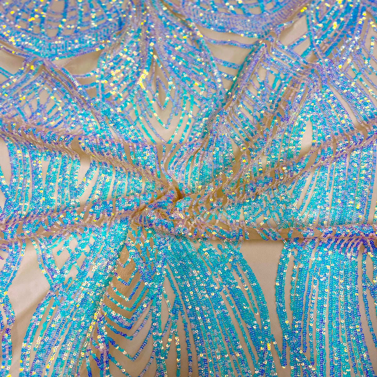 Selena Wave Stretch Sequins Fabric - Nylon Spandex Mesh Fabric, Wave Sequin Design, 60" Width, 52" Sequins Width (1 Yard)