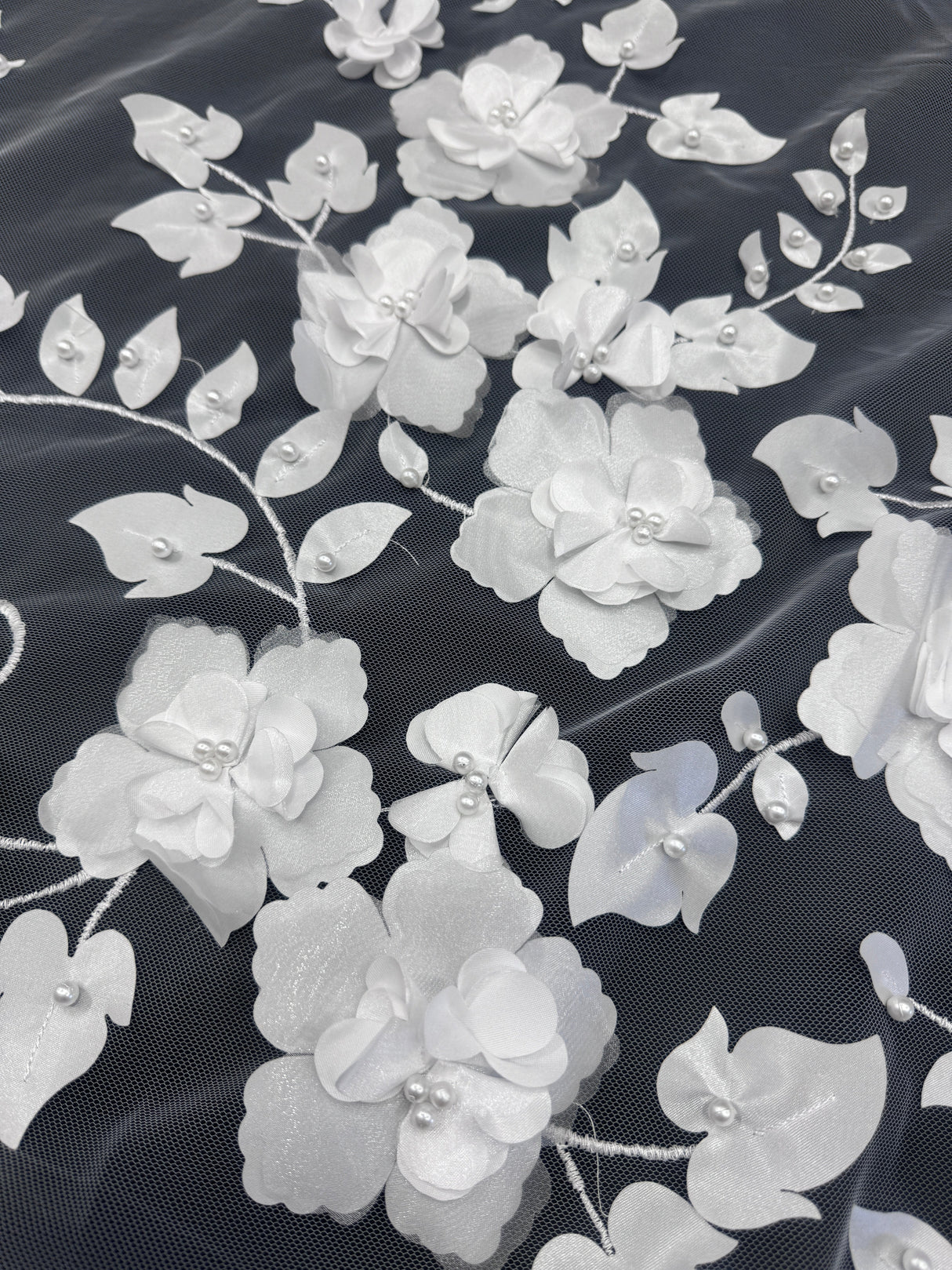 White 3D Flower Beaded Lace Mesh