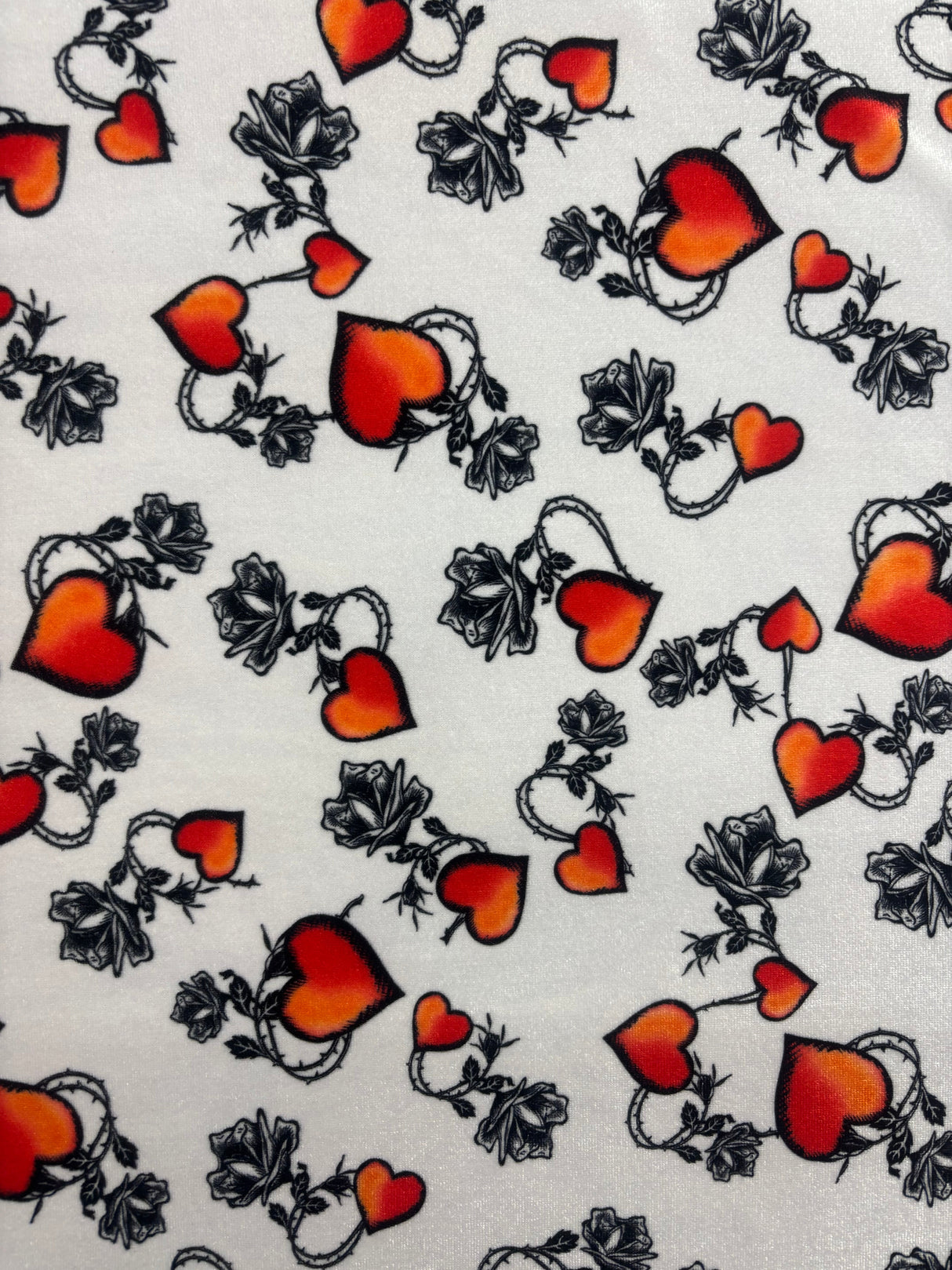 White Tattoo Hearts Print Velvet Fabric - White Tattoo Hearts Print, 4-Way Stretch, 58" Width (1 Yard)