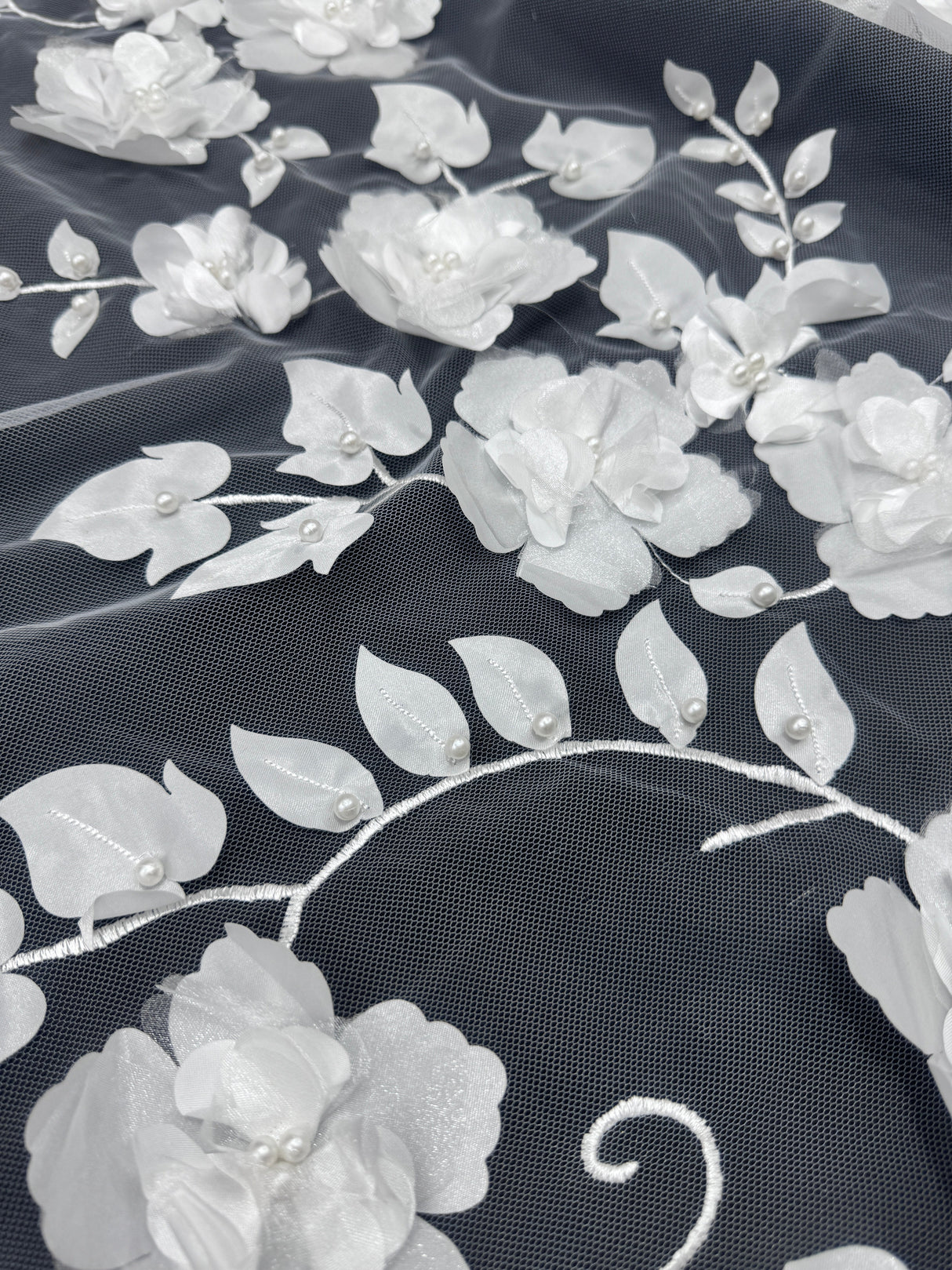 White 3D Flower Beaded Lace Mesh