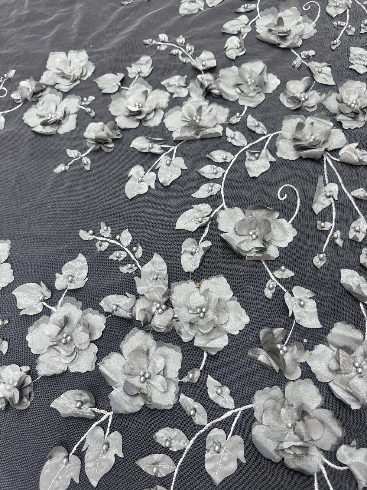 Beaded Lace Mesh Silver 3D Flower